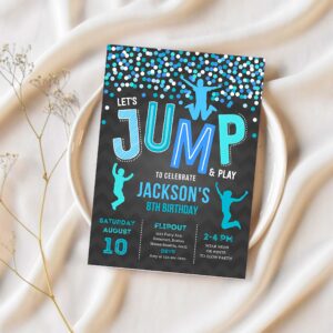 Jump invitation jump birthday invitation black blue trampoline party bounce house party jump party lets jump party 1