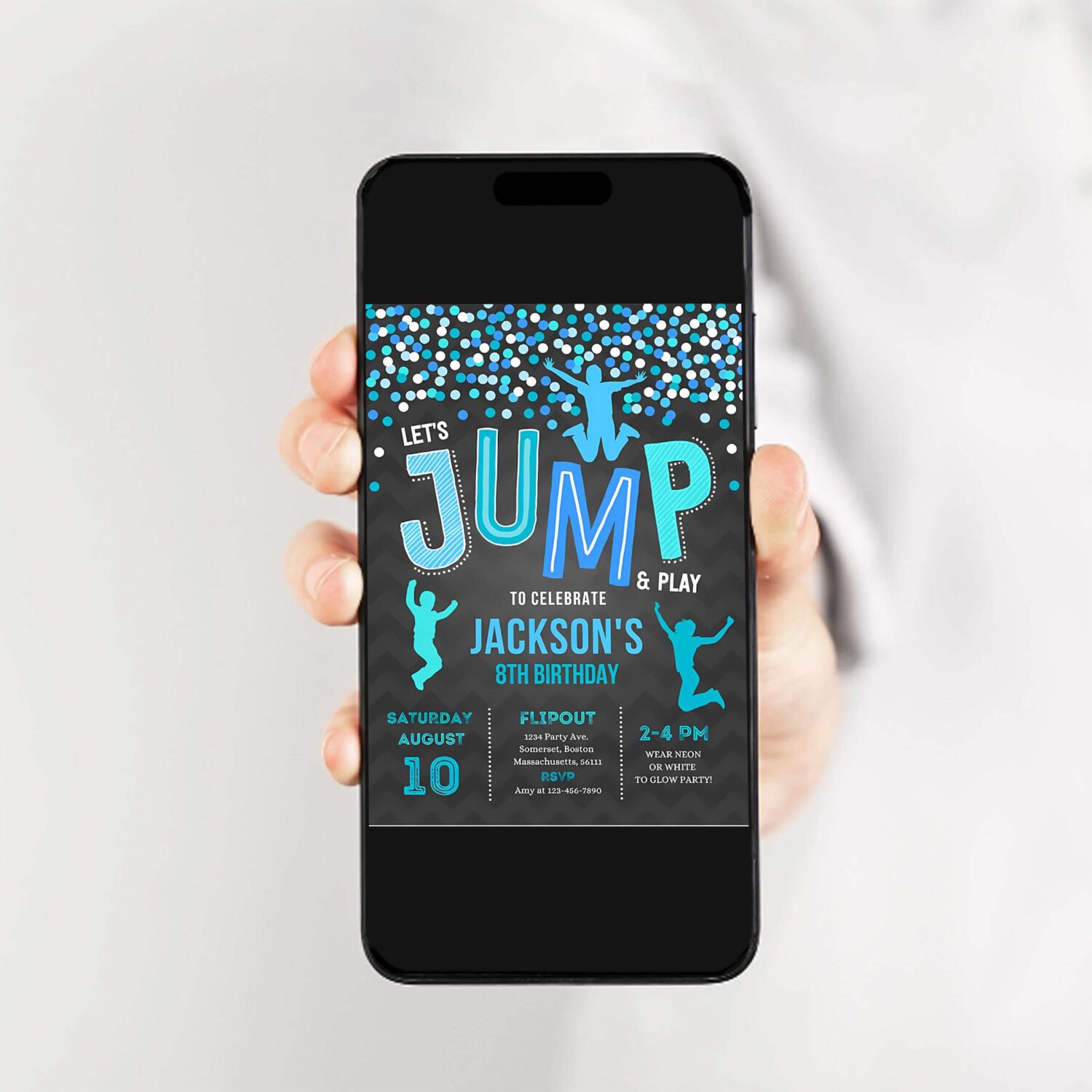 Jump invitation jump birthday invitation black blue trampoline party bounce house party jump party lets jump party 2