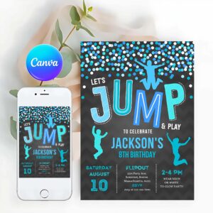 Jump Invitation, Jump Birthday Invitation, Black Blue Trampoline Party, Bounce House Party, Jump Party, Let's Jump Party Invitation