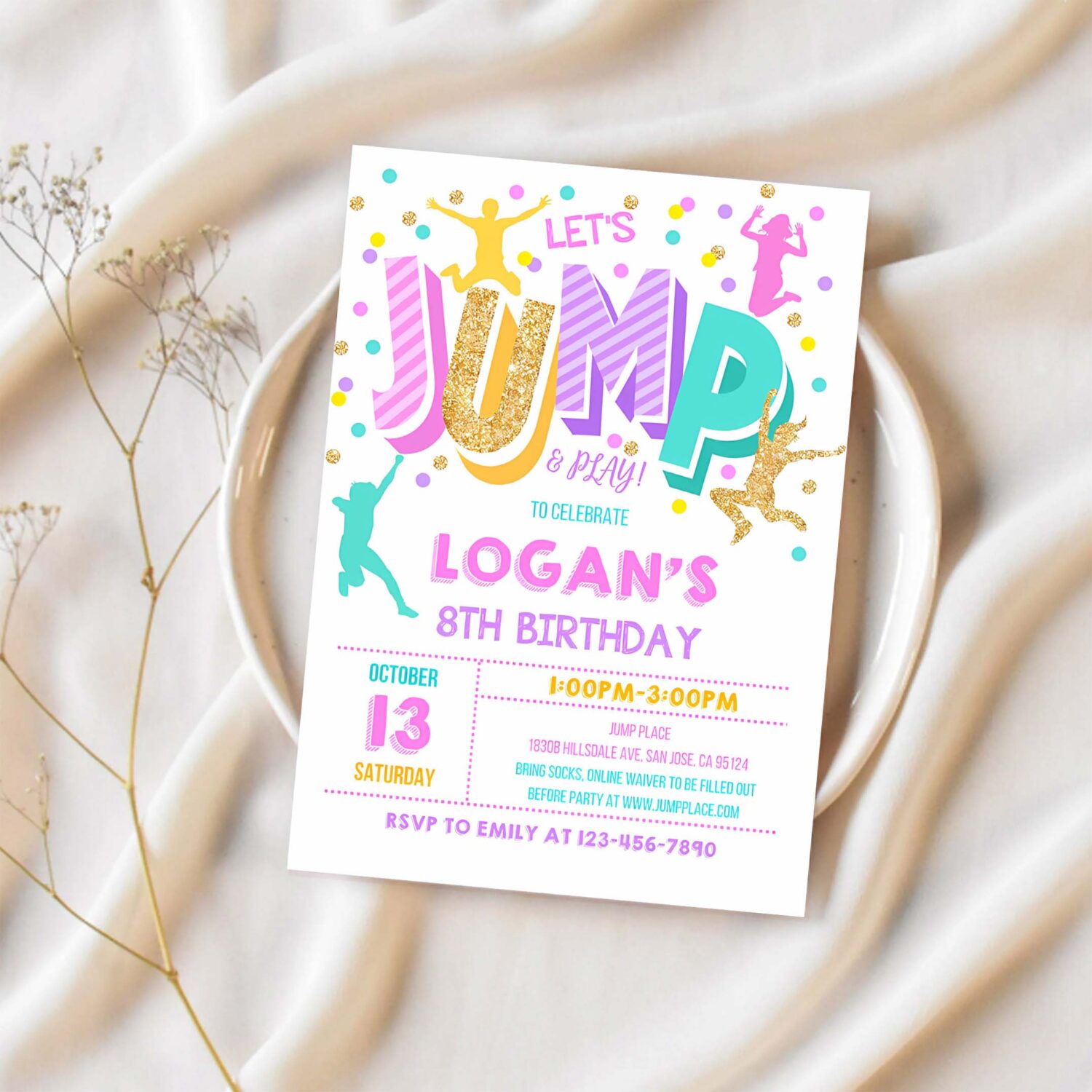 Jump invitation jump birthday invite trampoline party bounce house jump party lets jump girl 1