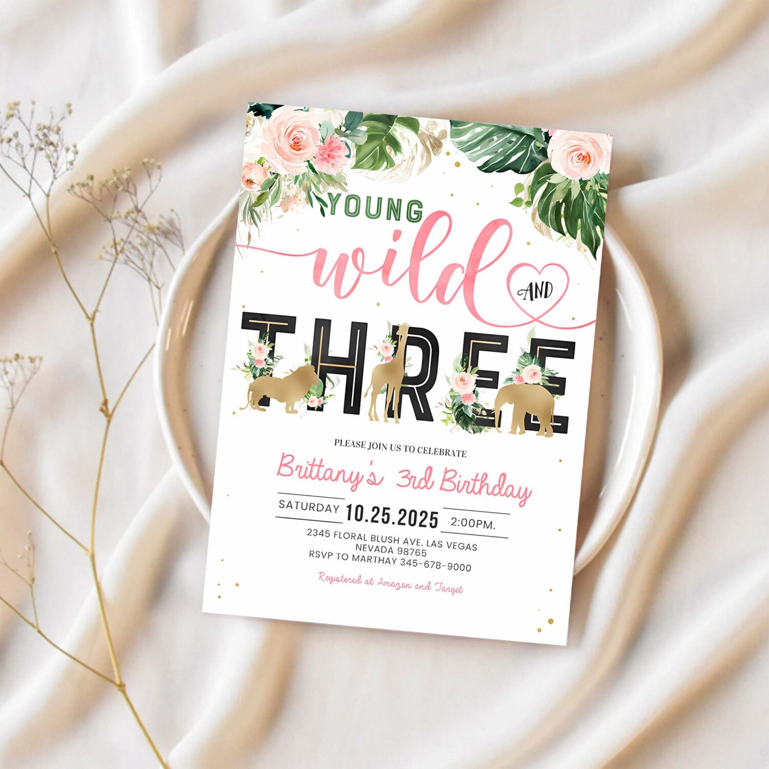 Jungle gold birthday invitation girl young wild and three birthday invite safari animals invitation 1
