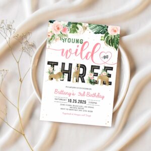 Jungle gold birthday invitation girl young wild and three birthday invite safari animals invitation 1