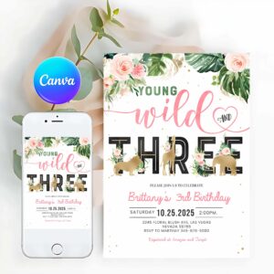 Young Wild And Three Invitation, Jungle gold Birthday Invitation, Girl Young wild and three Birthday Invite, Safari Animals Invitation