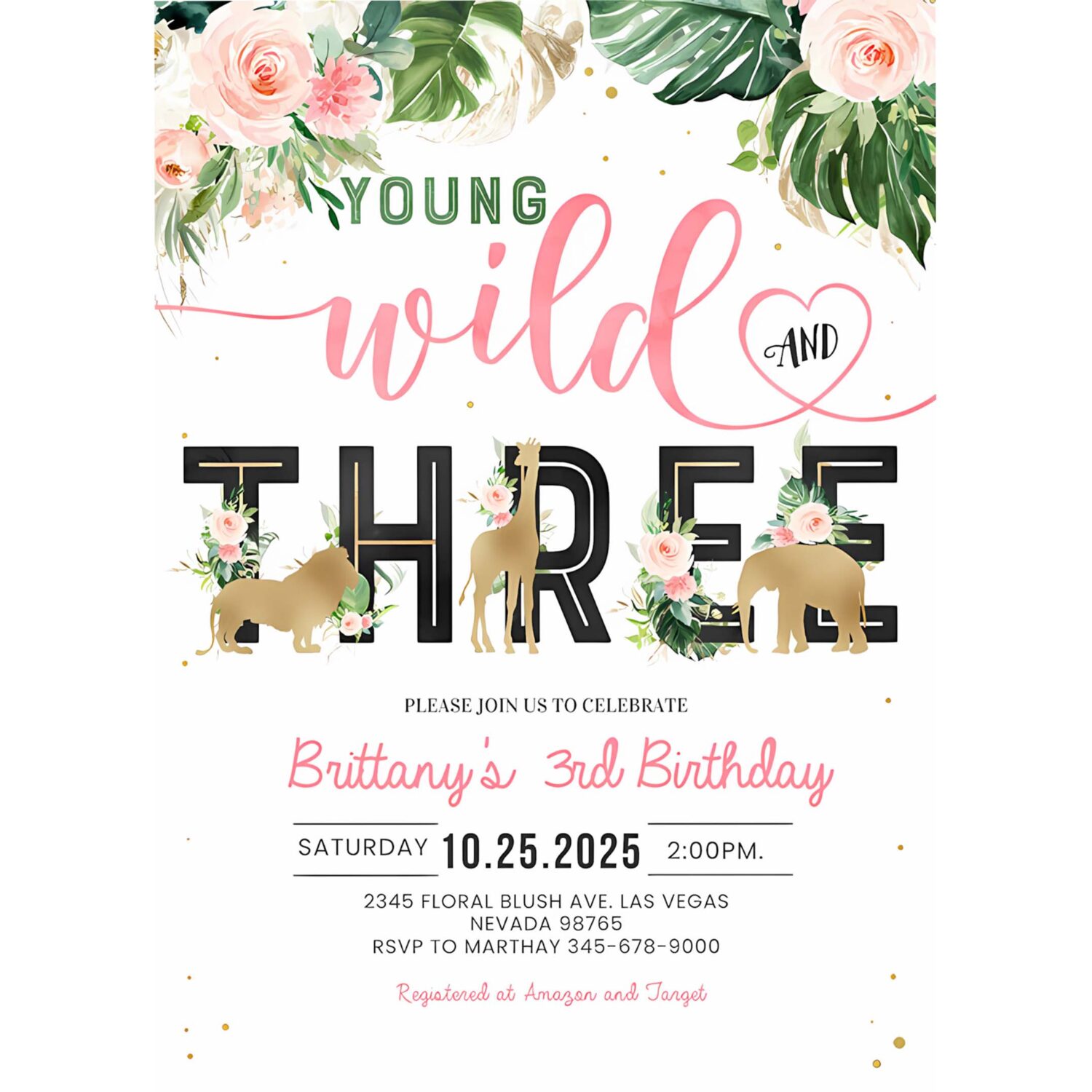 Jungle gold birthday invitation girl young wild and three birthday invite safari animals invitation 4