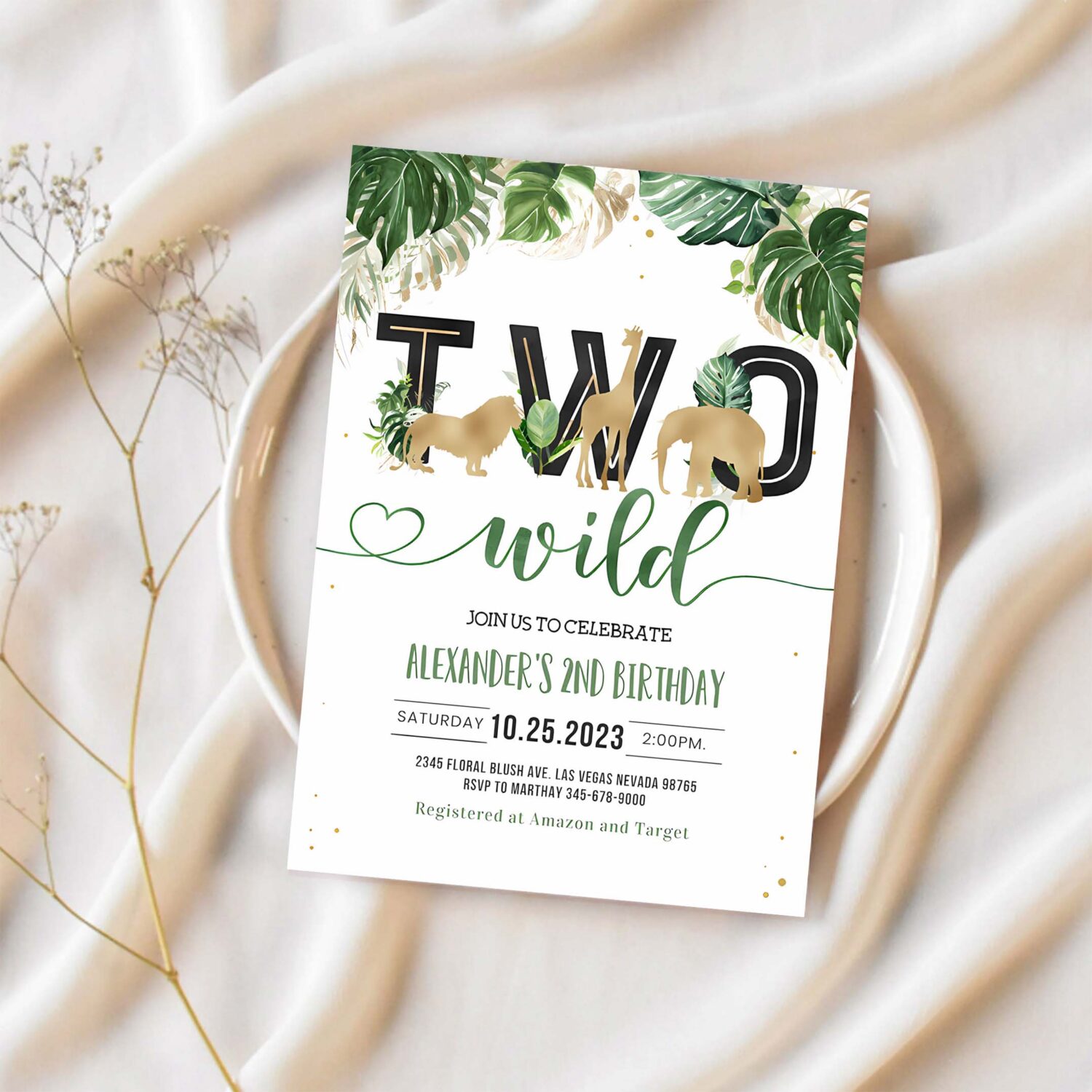 Jungle gold birthday invitation two wild birthday invite safari animals invitation 1