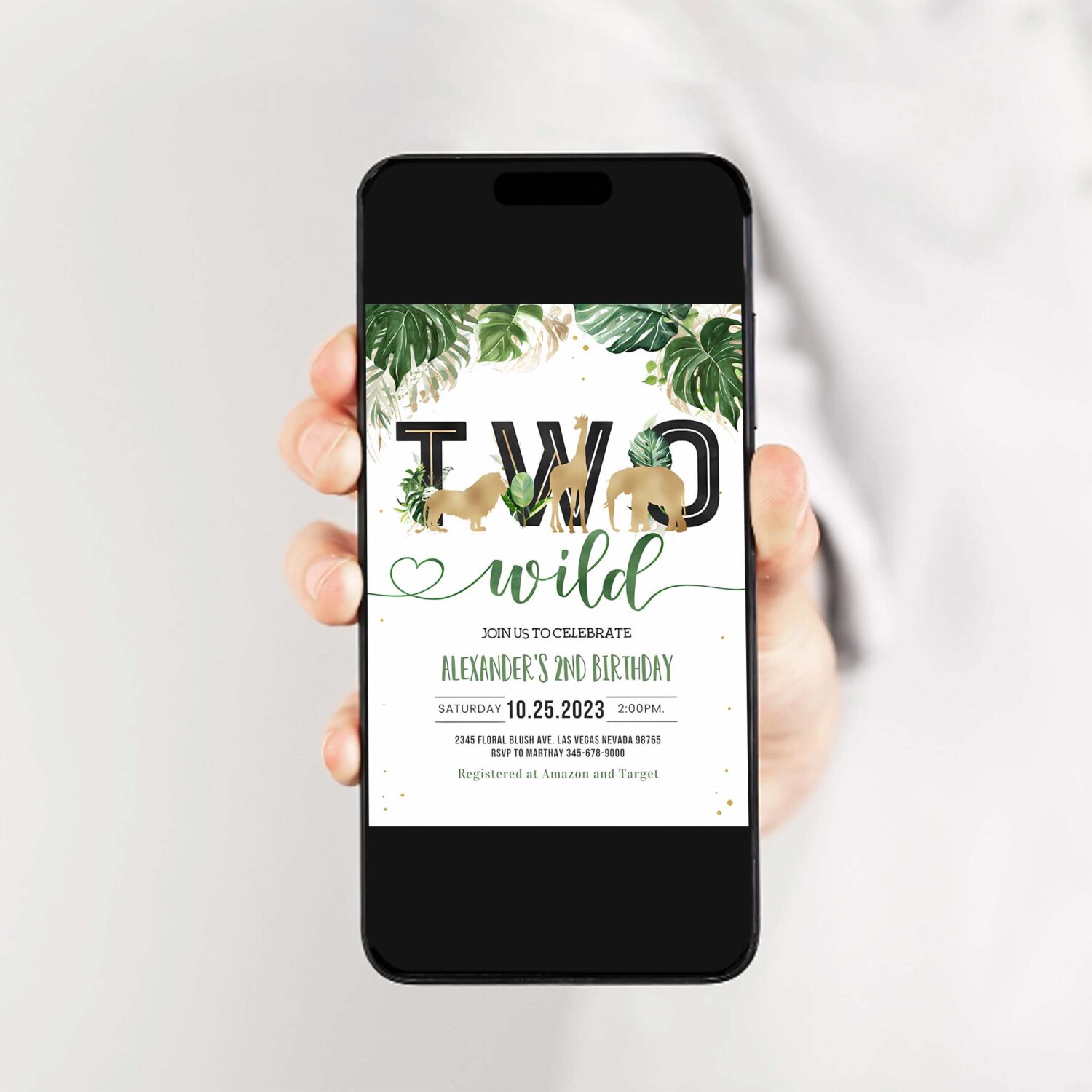 Jungle gold birthday invitation two wild birthday invite safari animals invitation 2