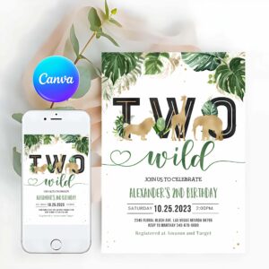 Two Wild Invitation, Jungle gold Birthday Invitation, Two Wild Birthday Invite, Safari Animals Invitation