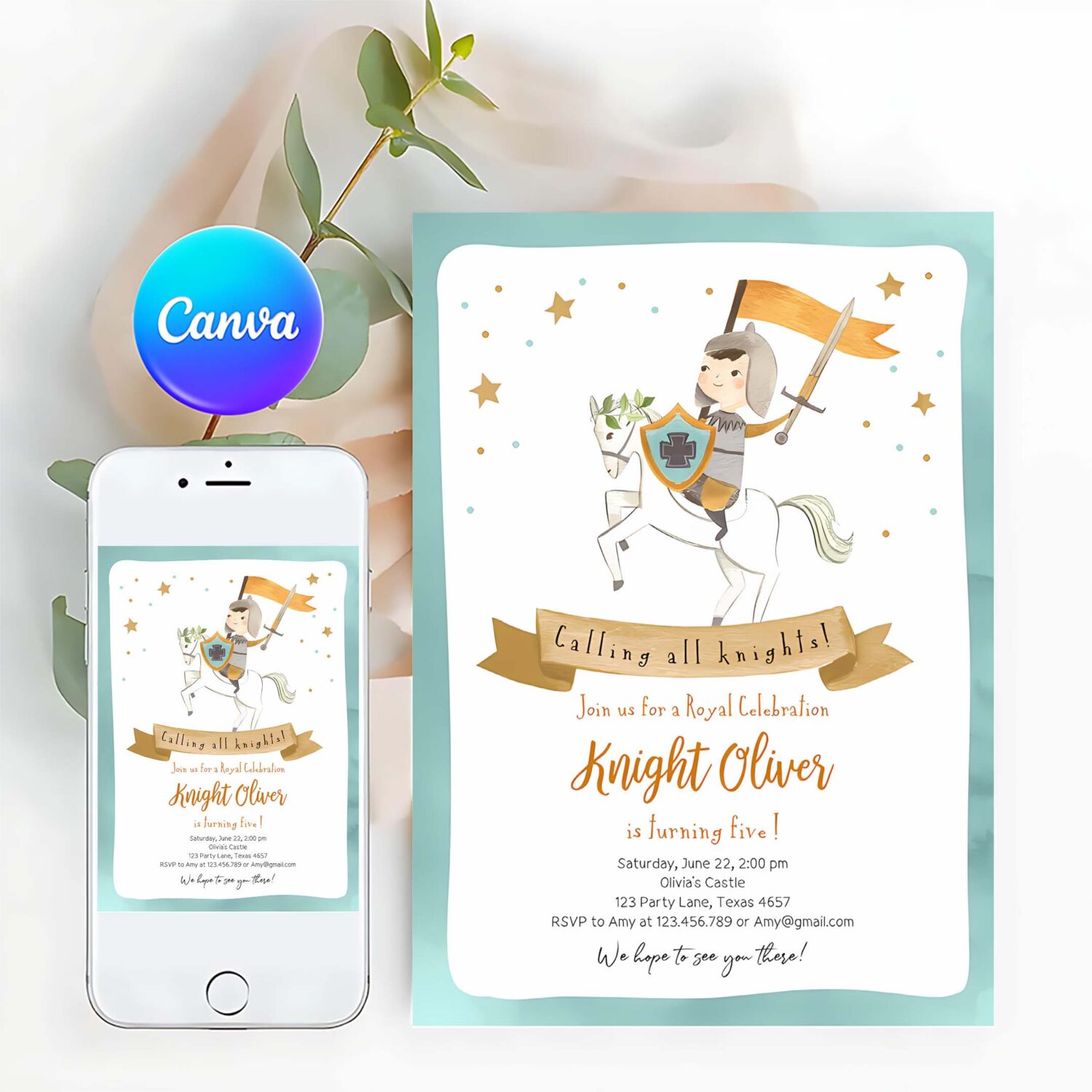 Knight birthday invitation boy royal birthday once upon a time knight dragon castle blue medieval