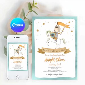 Knight Birthday Invitation, Boy Royal Birthday Once Upon a Time Knight Dragon Castle Blue Medieval