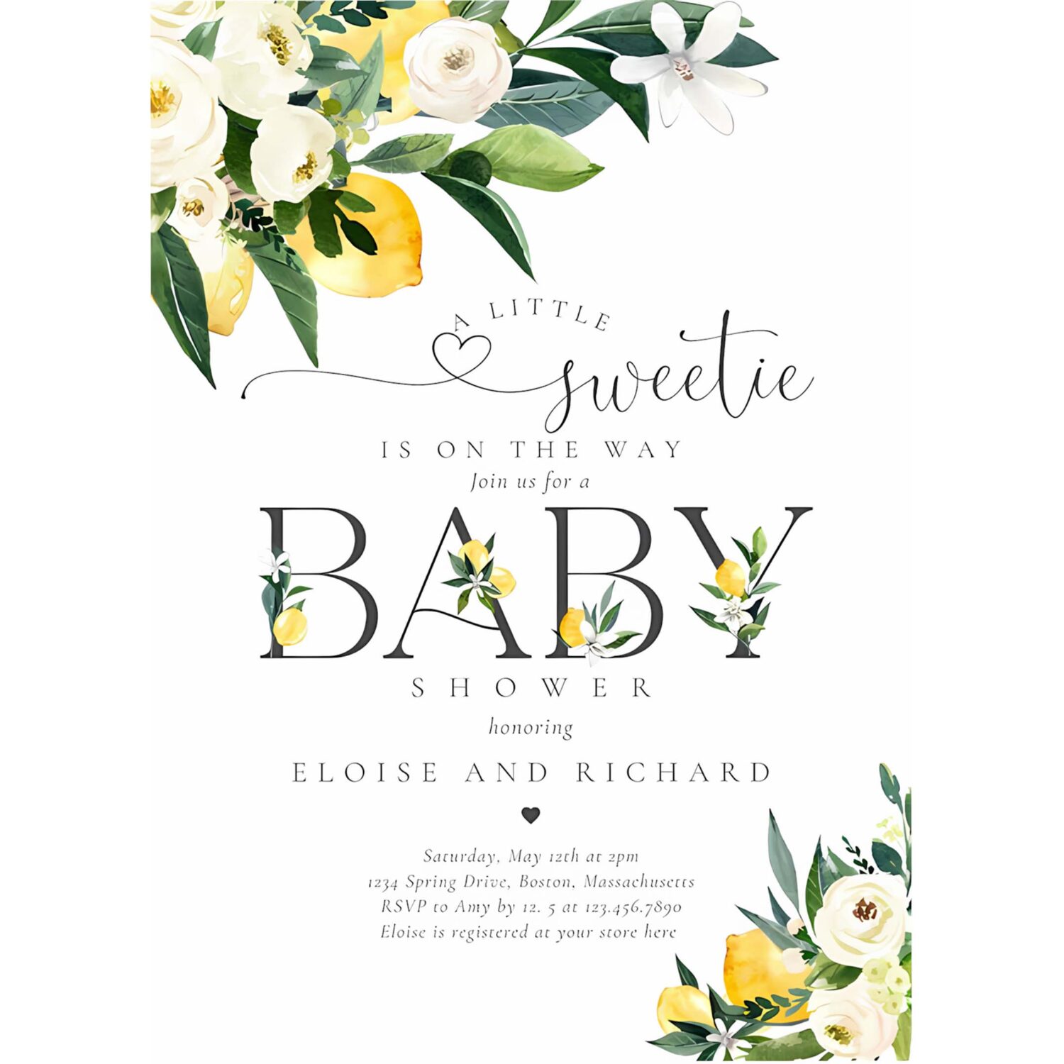 Lemon citrus mediterranean botanical baby shower invitation e37t 4