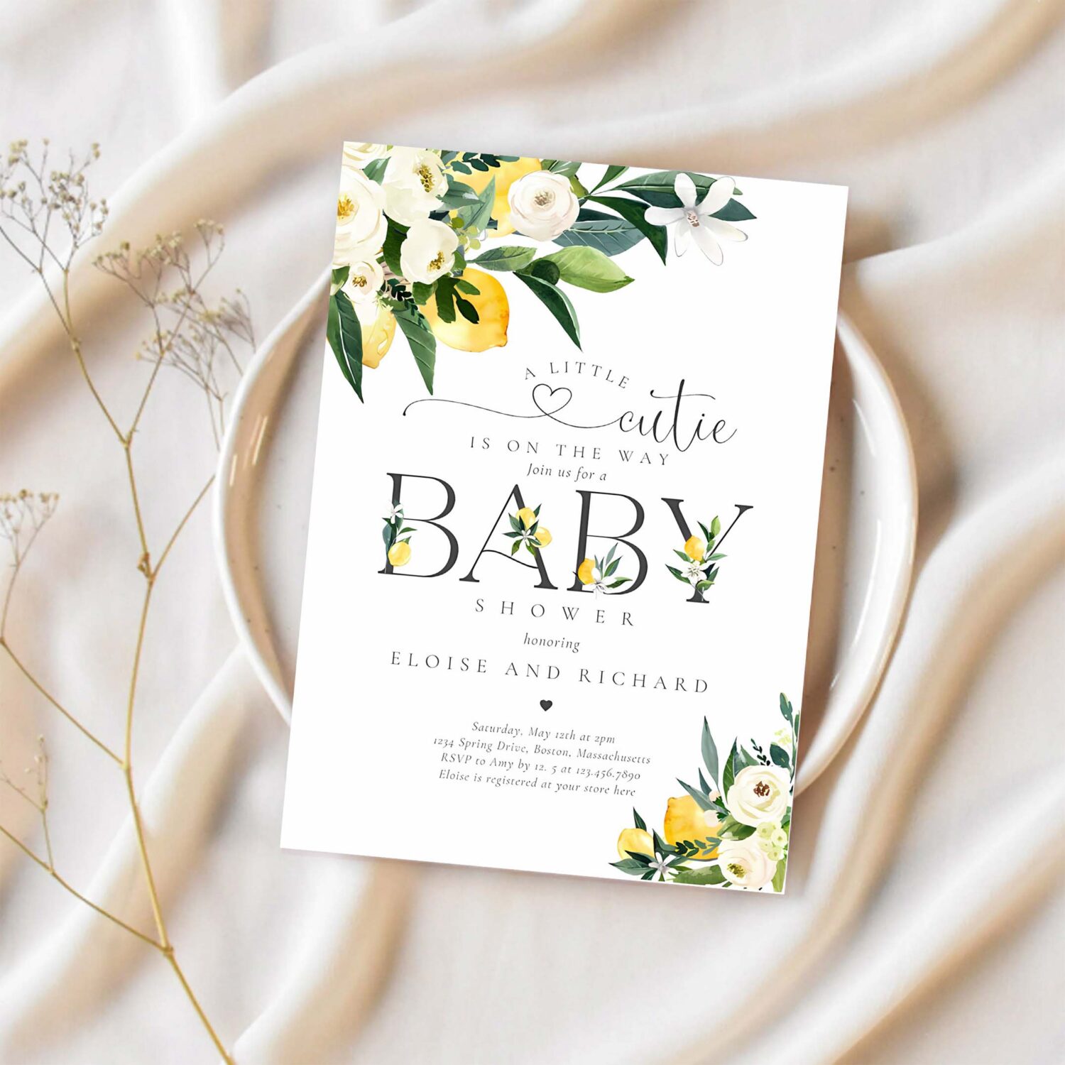Lemon citrus mediterranean botanical baby shower invitation f36t 1
