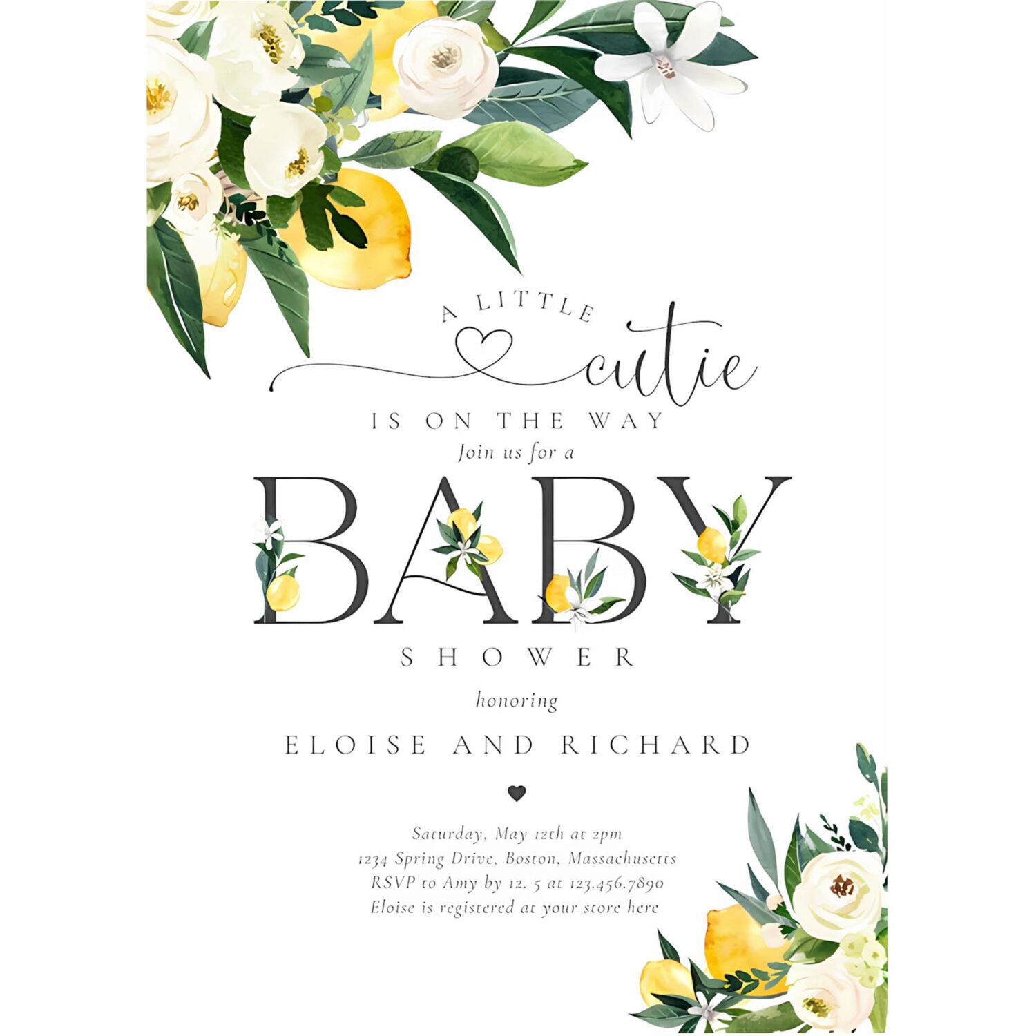 Lemon citrus mediterranean botanical baby shower invitation f36t 4