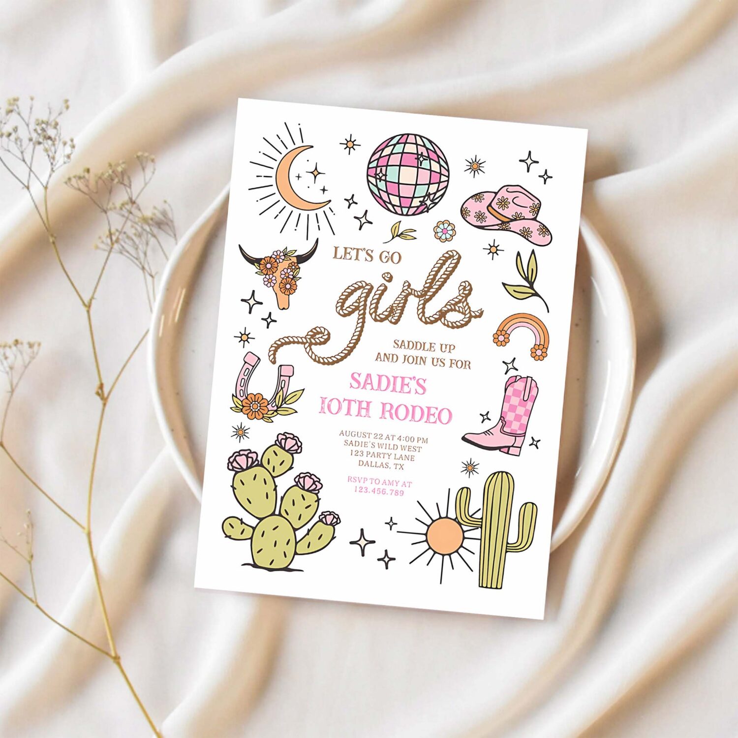 Lets go girls rodeo retro disco cowgirl birthday invitation x26r 1