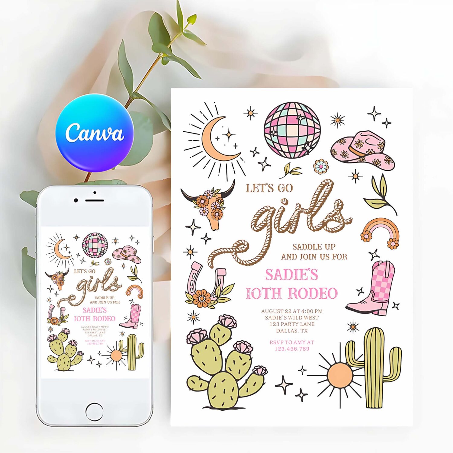 Lets go girls rodeo retro disco cowgirl birthday invitation x26r
