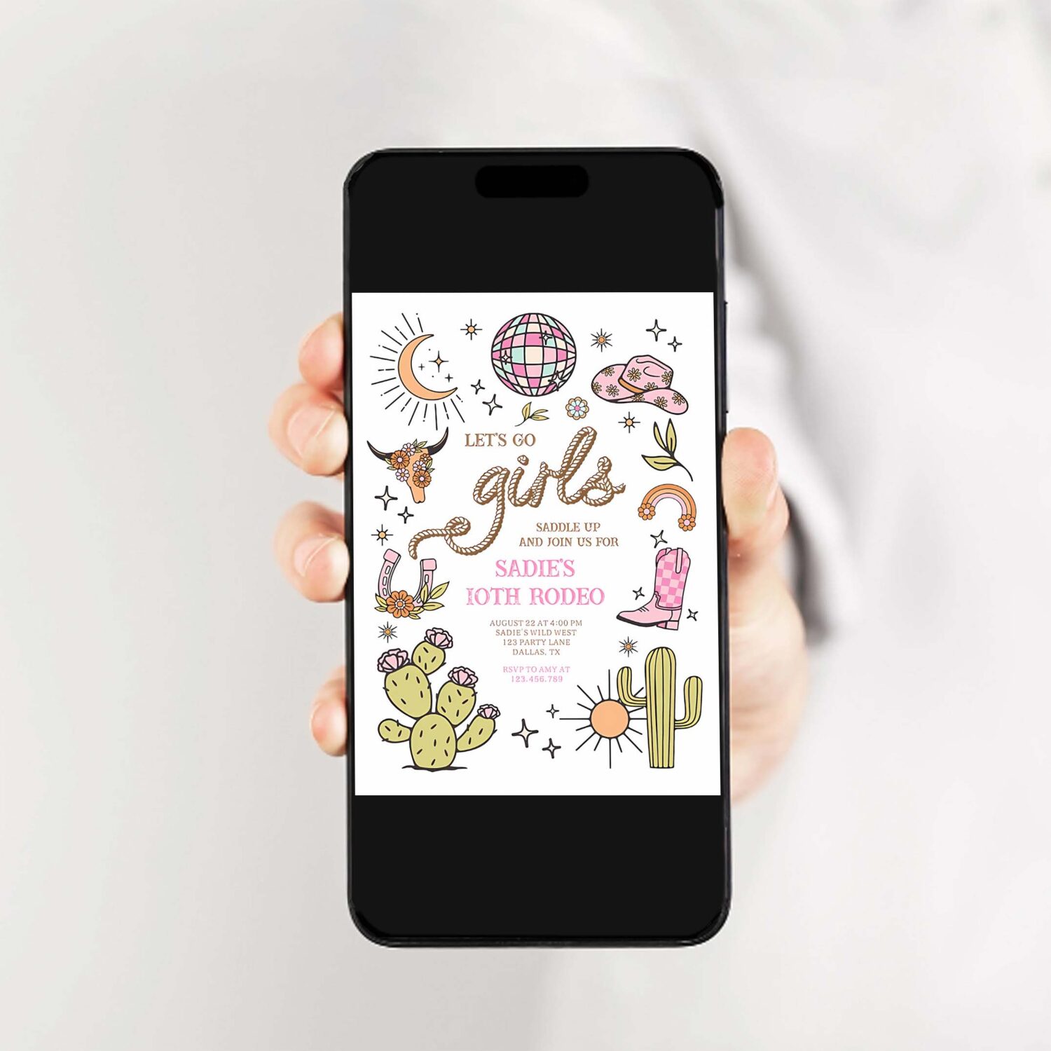 Lets go girls rodeo retro disco cowgirl birthday invitation x26r 2