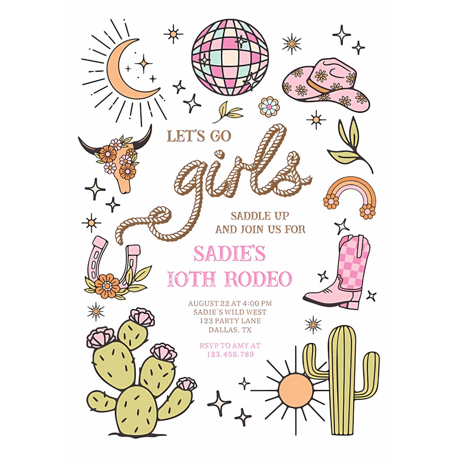 Lets go girls rodeo retro disco cowgirl birthday invitation x26r 4