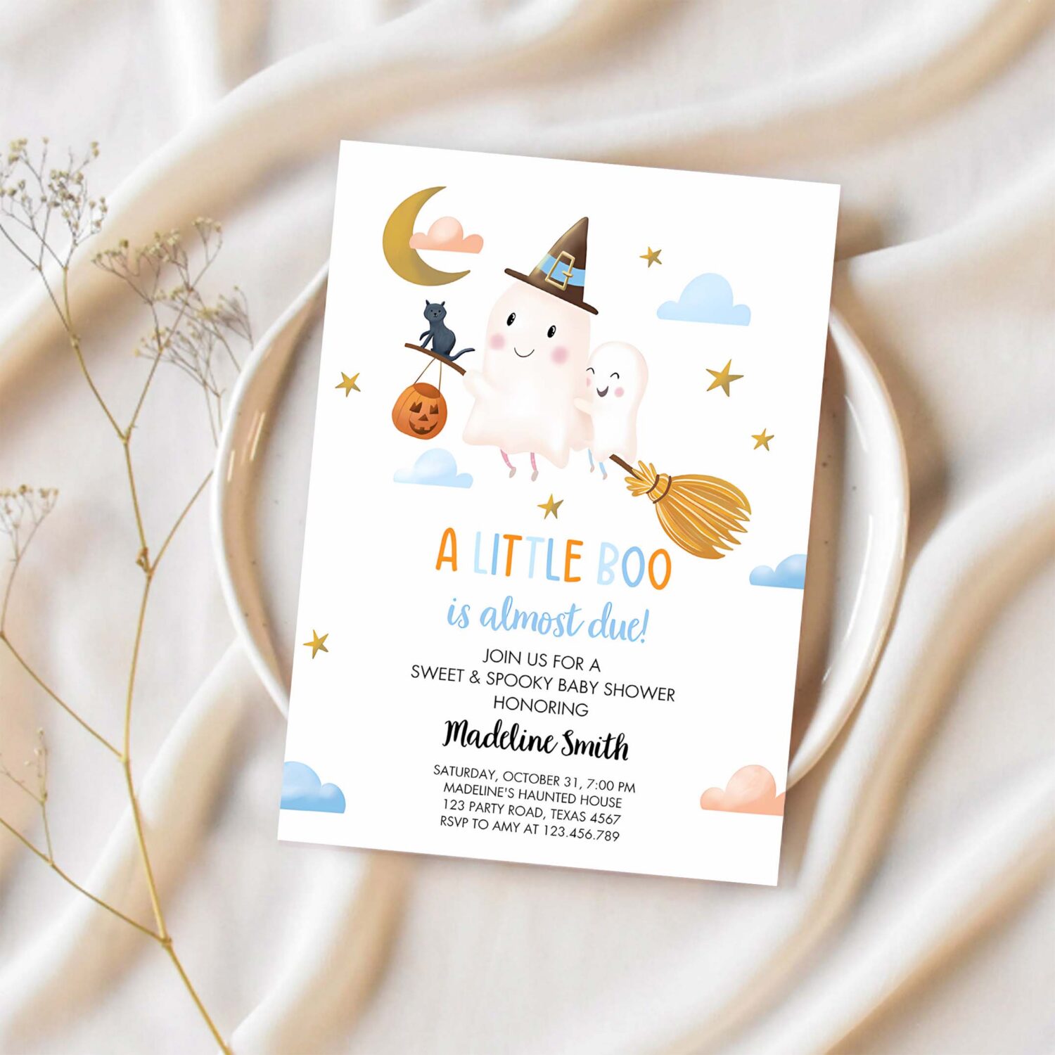 Little boo baby shower invitation cute halloween baby boo almost due couples shower blue ghost boy 1