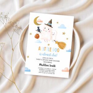 Little boo baby shower invitation cute halloween baby boo almost due couples shower blue ghost boy 1