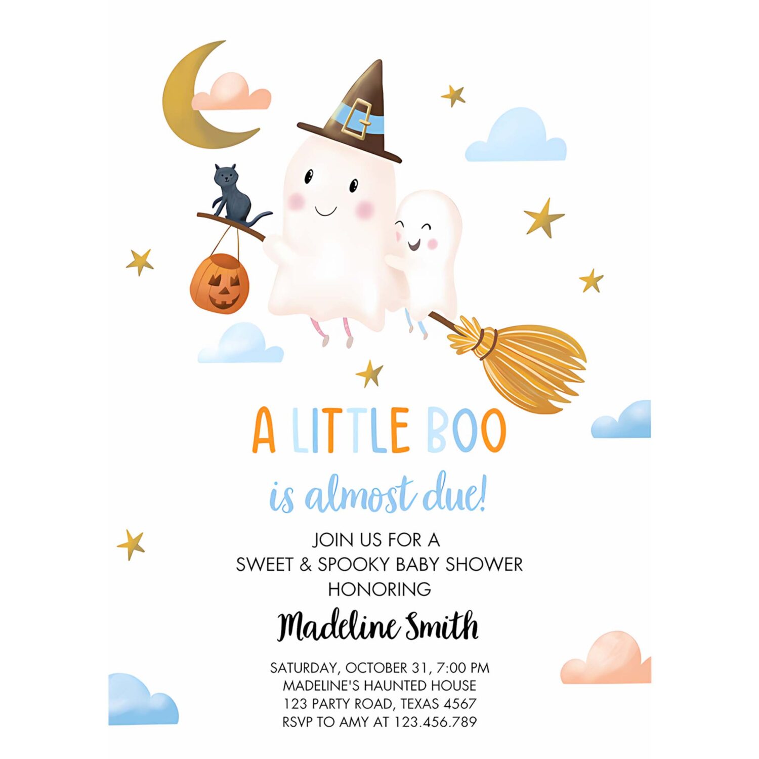 Little boo baby shower invitation cute halloween baby boo almost due couples shower blue ghost boy 4