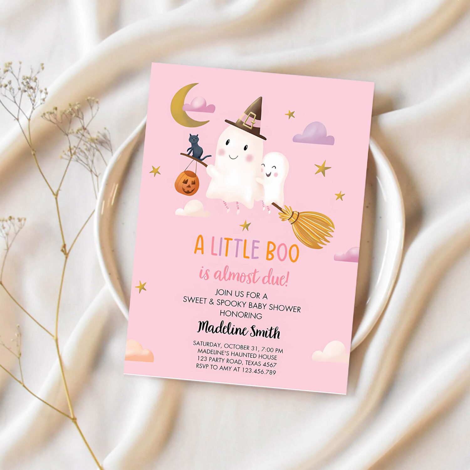 Little boo baby shower invitation cute halloween baby boo almost due couples shower pink ghost girl 1