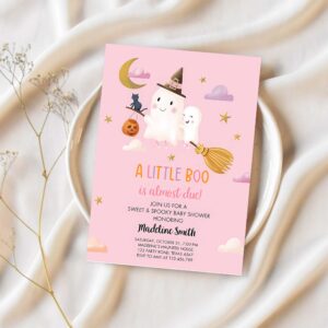Little boo baby shower invitation cute halloween baby boo almost due couples shower pink ghost girl 1