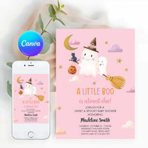 Little Boo Invitation, Little Boo Baby Shower Invitation, Cute Halloween Baby Boo Almost Due Couples Shower Pink Ghost Girl