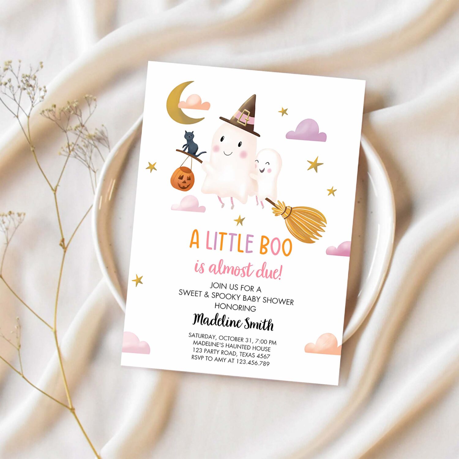 Little boo baby shower invitation cute horror halloween baby boo almost due couples shower pink ghost girl 1