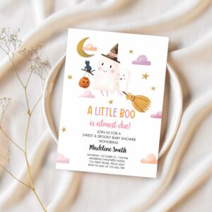 Little boo baby shower invitation cute horror halloween baby boo almost due couples shower pink ghost girl 1
