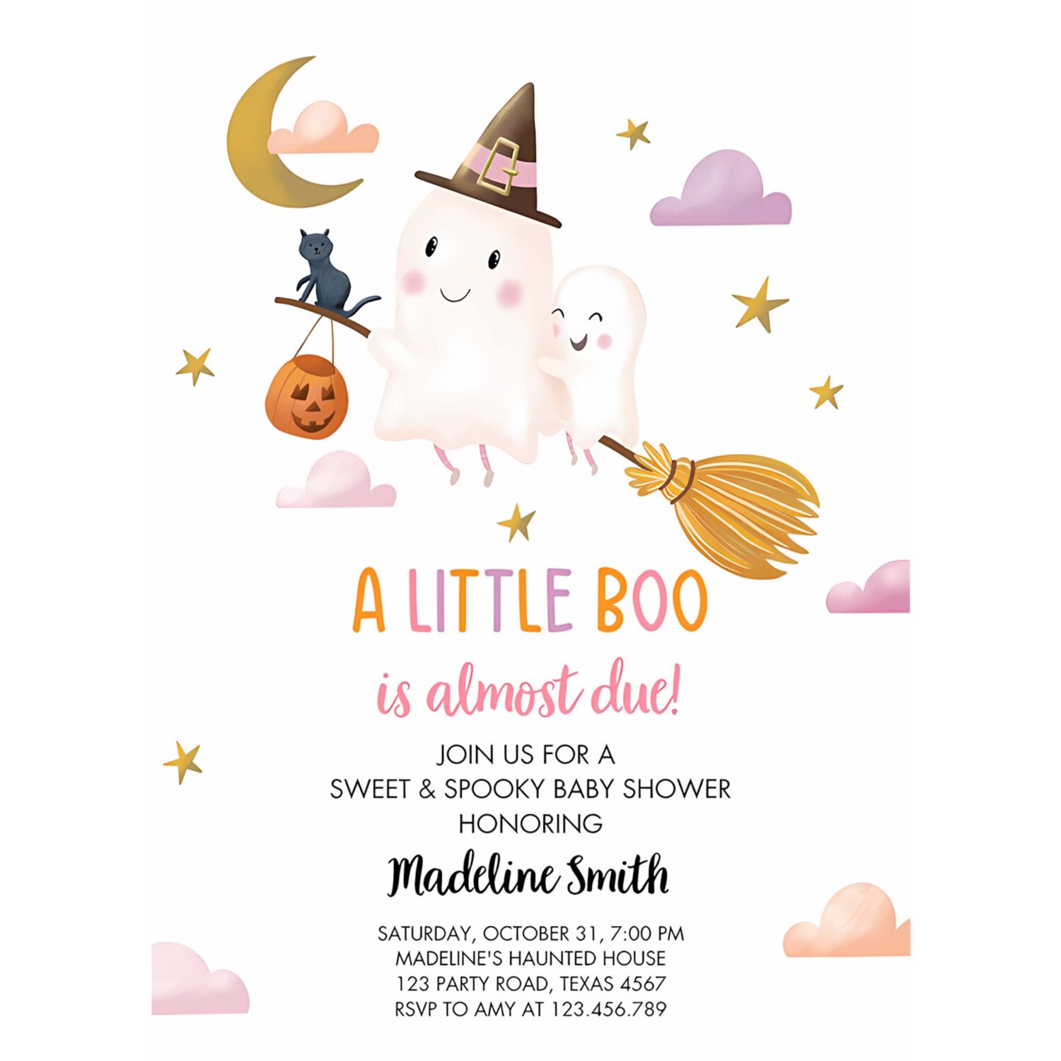 Little boo baby shower invitation cute horror halloween baby boo almost due couples shower pink ghost girl 4