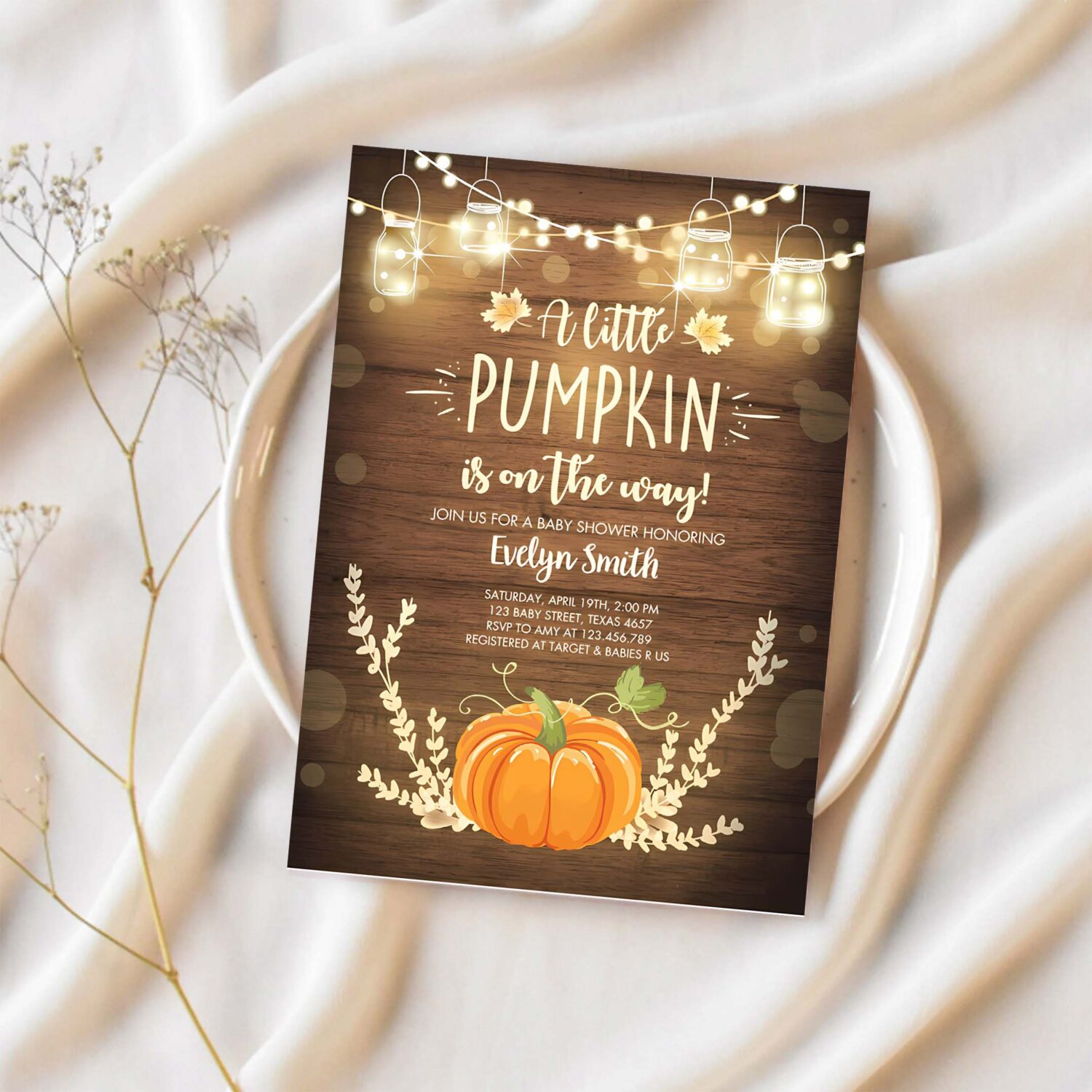 Little pumpkin baby shower invitation orange pumpkin patch autumn fall rustic boy girl sprinkle 1