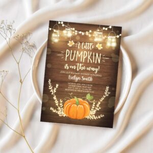 Little pumpkin baby shower invitation orange pumpkin patch autumn fall rustic boy girl sprinkle 1