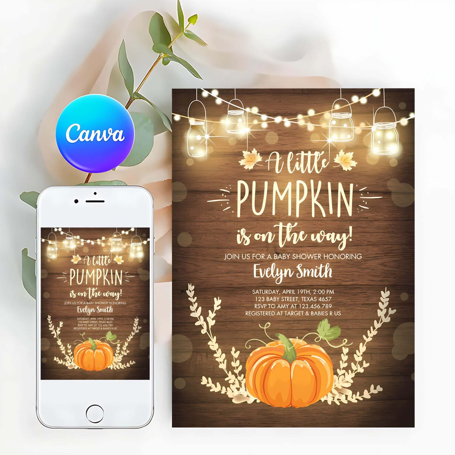 Little pumpkin baby shower invitation orange pumpkin patch autumn fall rustic boy girl sprinkle