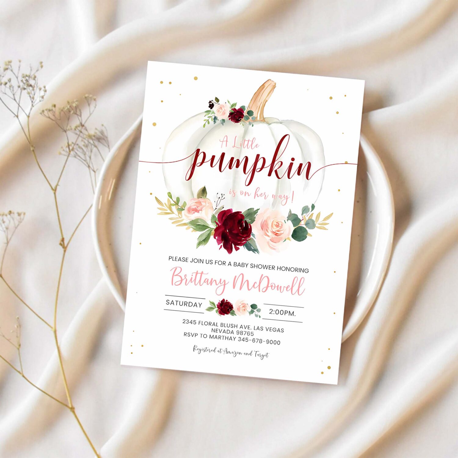 Little pumpkin baby shower invitation girl fall baby shower invites burgundy fall autumn 1
