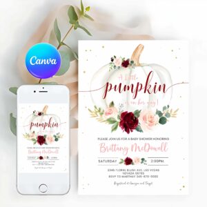 Pumpkin Invitation, Little Pumpkin Baby Shower Invitation girl, Fall Baby Shower Invites, Burgundy fall Autumn