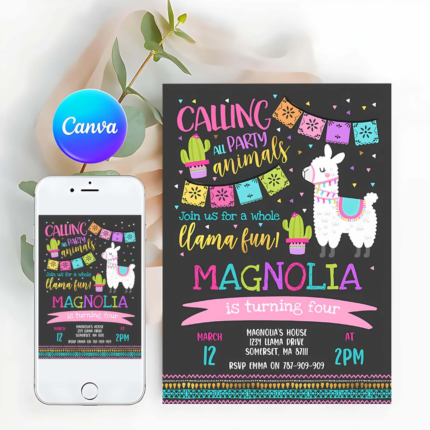 Llama invitation llama birthday invitation dark whole llama fun invitation llama party alpaca party cactus party