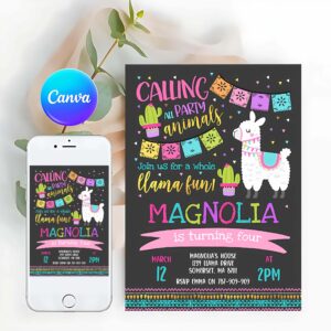 Llama Invitation, Llama Birthday Invitation, Dark Whole Llama Fun Invitation, Llama Party, Alpaca Party, Cactus Party Invitation
