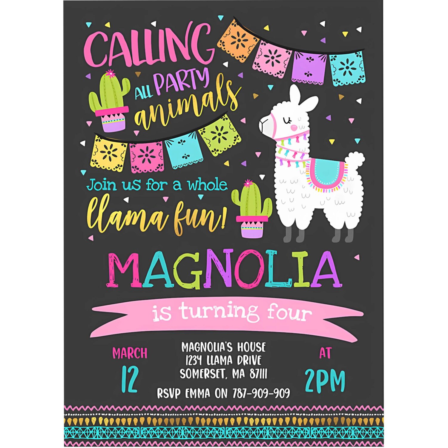 Llama invitation llama birthday invitation dark whole llama fun invitation llama party alpaca party cactus party 4