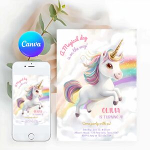 Unicorn Invitation, Magical Unicorn Party Rainbow Girl Pastel Birthday Invitation