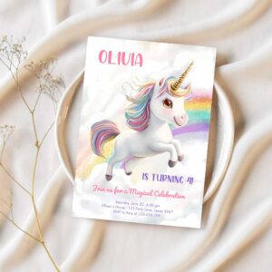 Magical unicorn party rainbow girl pastel birthday invitation m20s 1