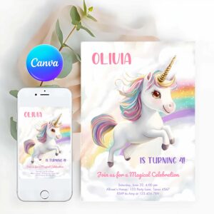 Unicorn Invitation, Magical Unicorn Party Rainbow Girl Pastel Birthday Invitation