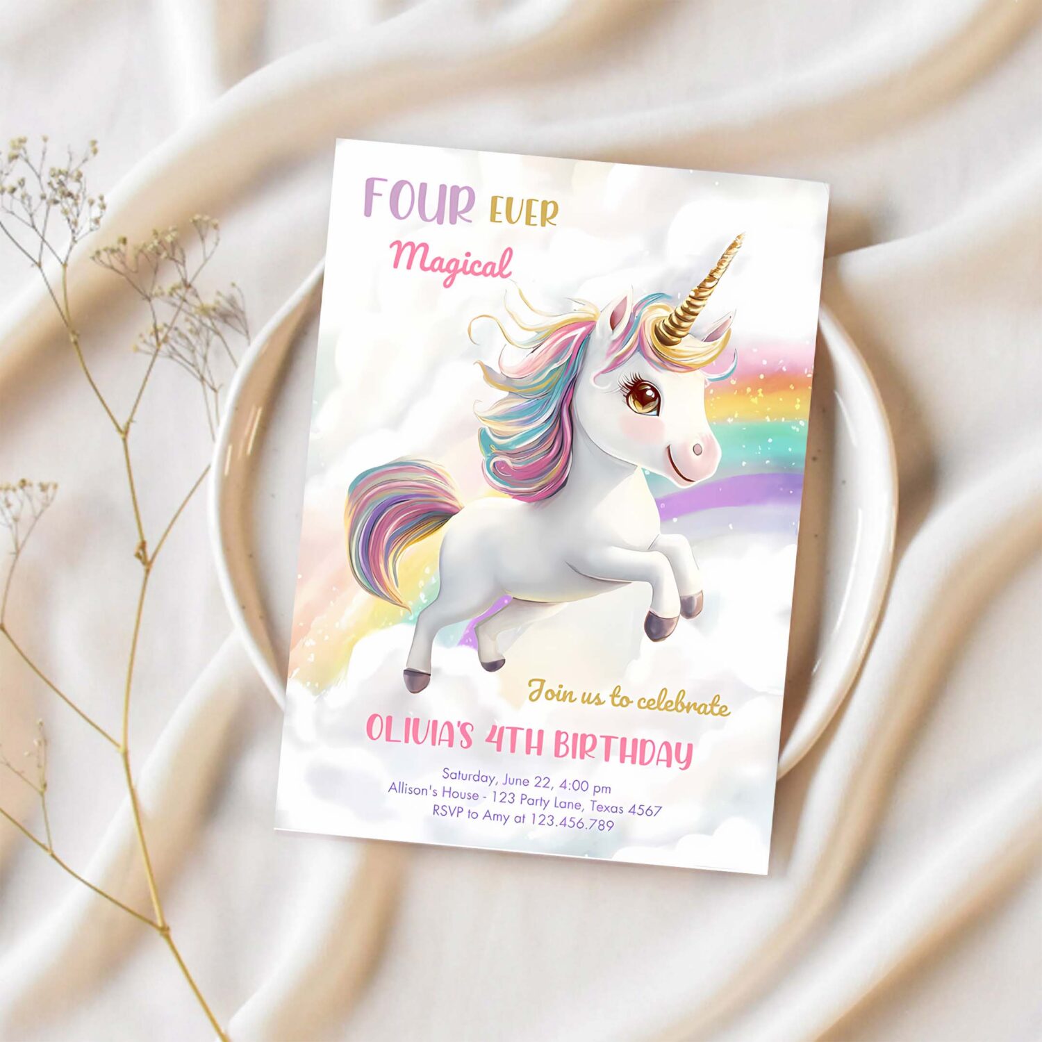 Magical unicorn party rainbow girl pastel birthday invitation o64o 1