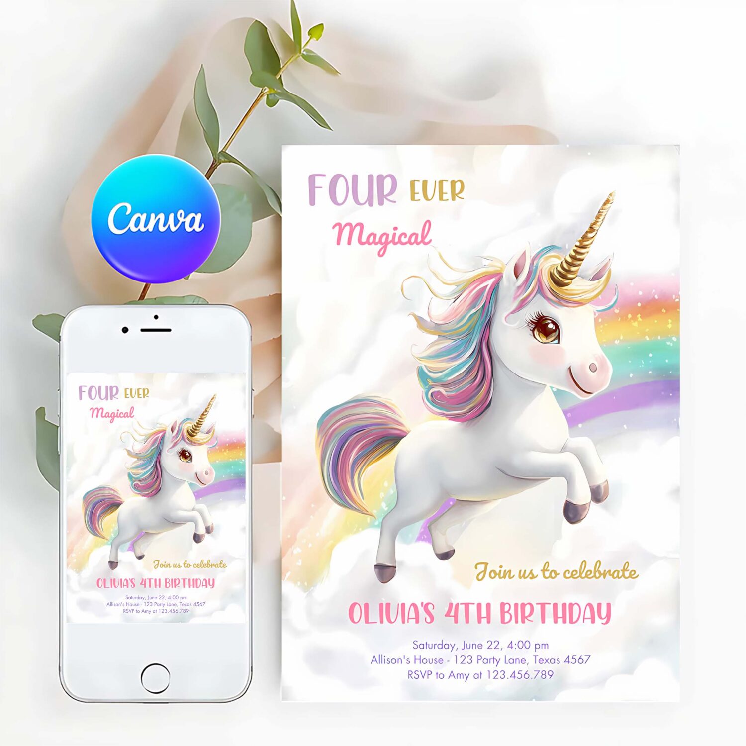 Magical unicorn party rainbow girl pastel birthday invitation o64o