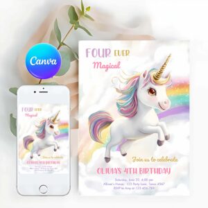 Unicorn Invitation, Magical Unicorn Party Rainbow Girl Pastel Birthday Invitation