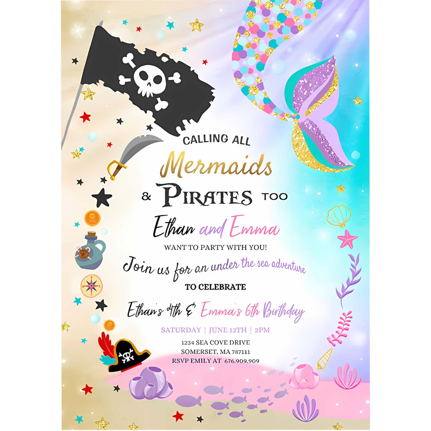 Mermaid and pirate birthday invitation sibling mermaid pirate invite sibling mermaid pirate party 4
