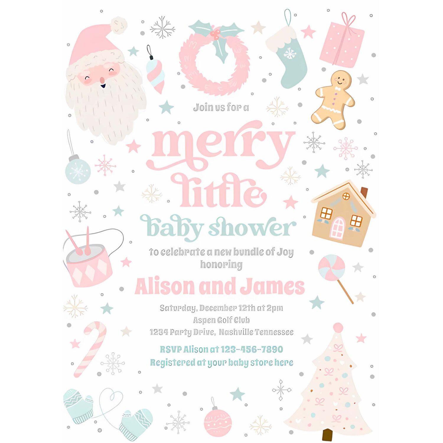 Merry little christmas baby shower pink and silver invitation v82k 4