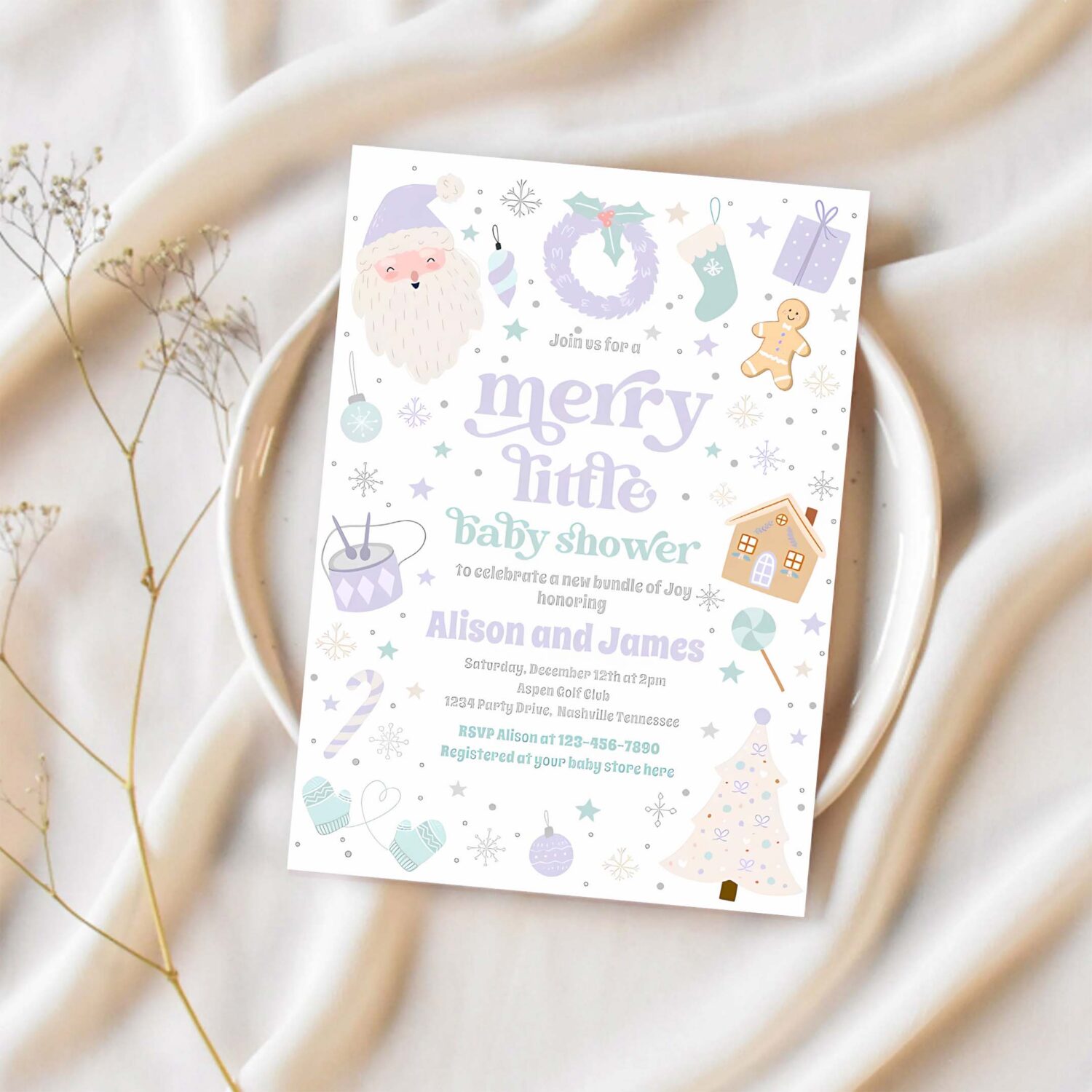 Merry little christmas baby shower purple silver invitation d48f 1