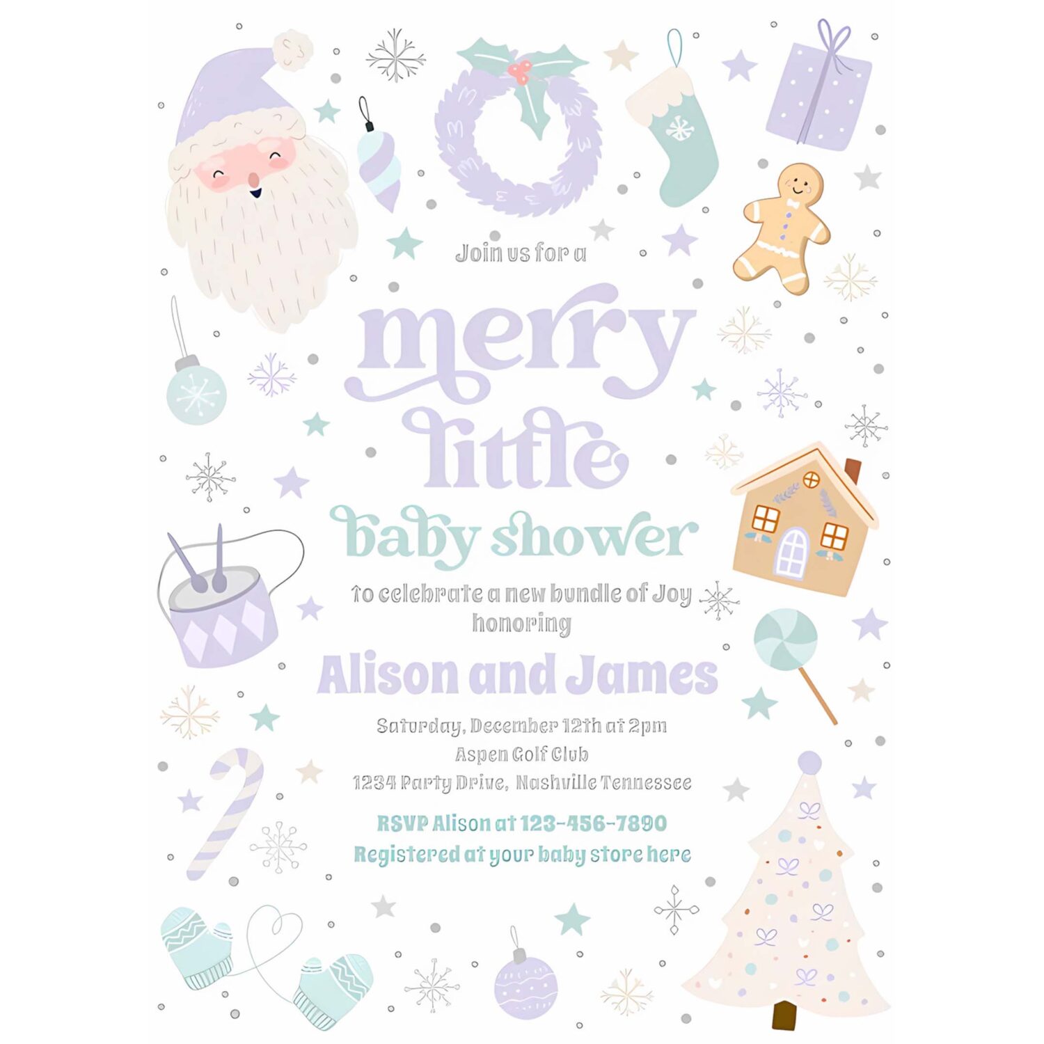 Merry little christmas baby shower purple silver invitation d48f 4