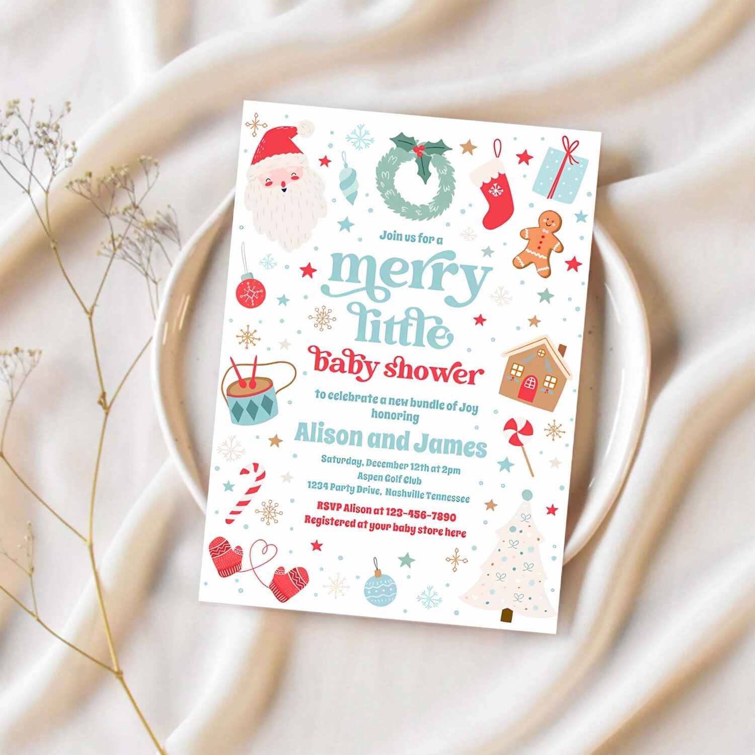 Merry little christmas baby shower red and blue invitation h13o 1