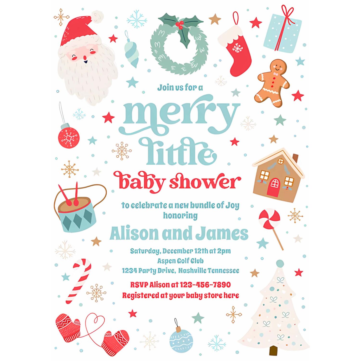 Merry little christmas baby shower red and blue invitation h13o 4