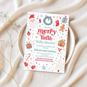 Merry little christmas baby shower red and blue invitation l20l 1